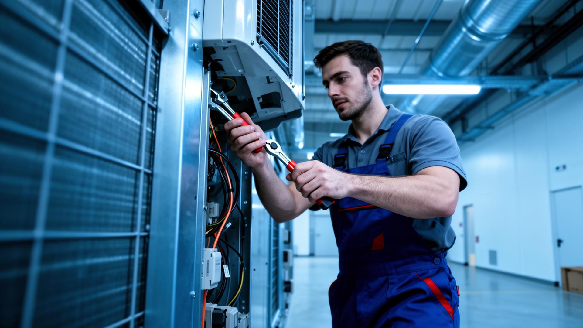 Técnico realizando manutenção em sistema de refrigeração industrial